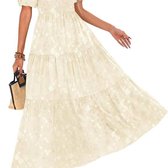 Womens Summer Dresses Wedding Guest Floral Midi Sundress Short Puff Sleeve Flowy - Picture 1 of 7